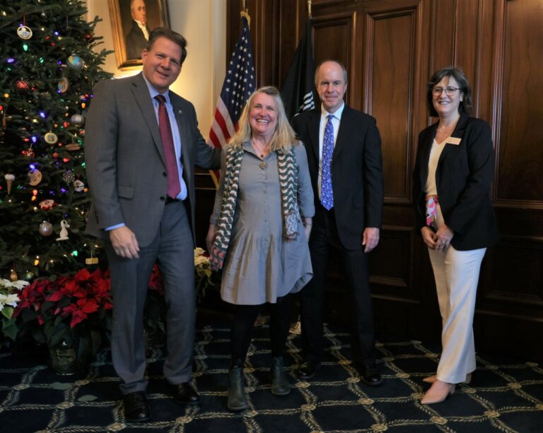 Left to right: Governor Chris Sununu, CSV's executive director Leslie Nolan, LCHIP’s board chair Ben Wilcox, and LCHIP’s executive director Paula Bellemore. Photo credit: Joe Klementovitch