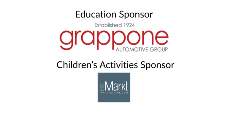 Education Sponsor section showing Grappone Automotive Group logo with 'Established 1924' and the text 'Children’s Activities Sponsor' below, plus a blue Der Markt at Marklin logo.