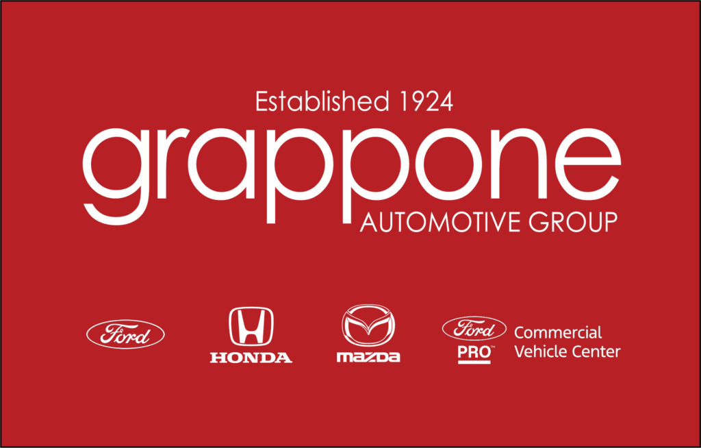 Grappone Automotive Group logo on a red background with 'Established 1924' text and brand logos (Ford, Honda, Mazda) along the bottom.