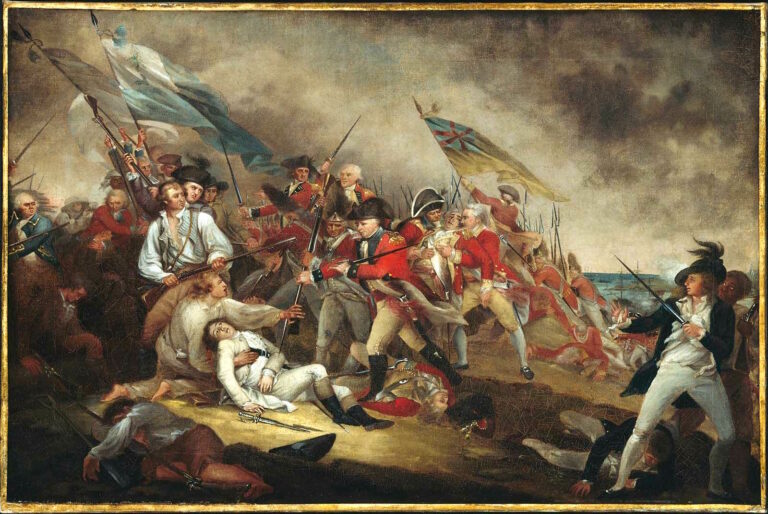 Napoleonic-era battle scene on a beach with red-coated soldiers clashing and rescuing wounded comrades amidst smoke and flags upraised mostly in the center-left panel of the painting.