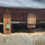 Temporary wooden shoring under a raised platform with a teal sponge hanging from a post under a tarp-covered area at a construction site