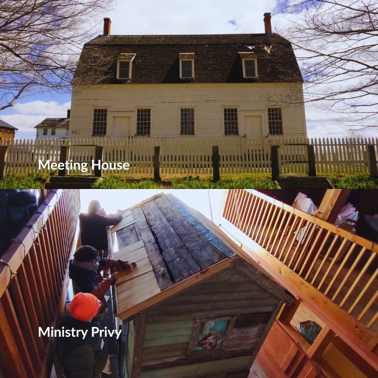 Two-panel image: upper shows a white two-story meeting house with dormer windows and a white picket fence; lower shows people working on a wooden privy inside a wooden structure.”,