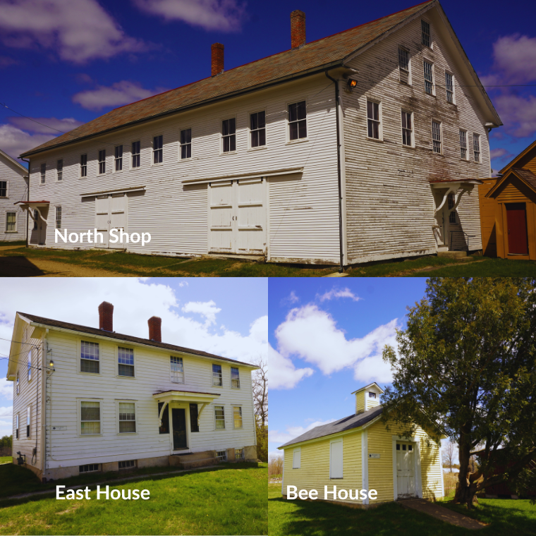Collage of three white wooden historic buildings: North Shop (top), East House (bottom left), and Bee House (bottom right).